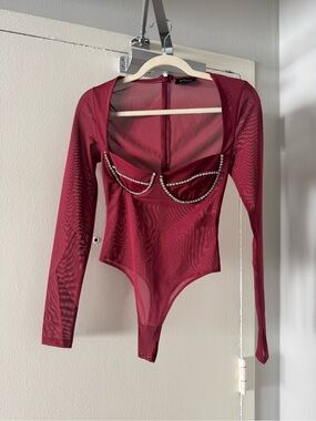 Bardot Burgundy Mesh Rhinestone-Trim Long Sleeve Bodysuit